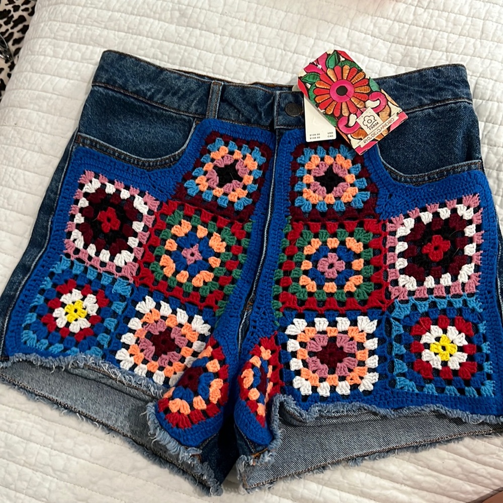 FARM RIO Anthropology denim shorts - crochet detail